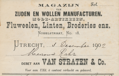 712109 Kop van een nota van Van Straten & Co., Magazijn van Zijden en Wollen Manufacturen, Fluweelen, Linten, Broderies ...